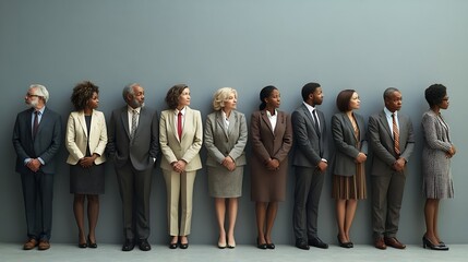 Obraz premium Multiethnic group of people in formal businesswear standing in a row Group of business persons standing against a wall Studio shot of a group of people waiting in a line against a gray : Generative AI