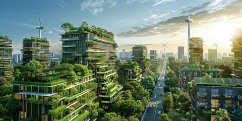 Obraz premium Cutting-edge sustainable cityscape featuring green buildings with vertical gardens and solar panels, connected by electric buses, bike lanes, and pedestrian pathways, with wind turbines andsolar farms