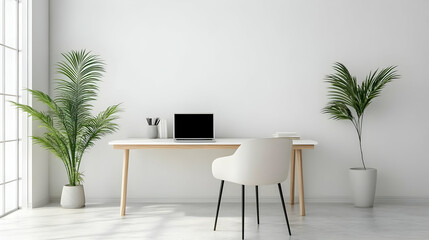 Minimalist home office with a laptop, white chair, and potted plants on a wooden desk.