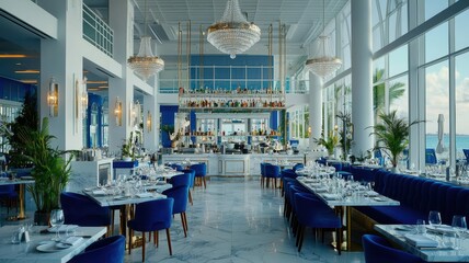 Elegant restaurant interior with blue decor, lush plants, and stylish dining setup, perfect for upscale dining experiences.