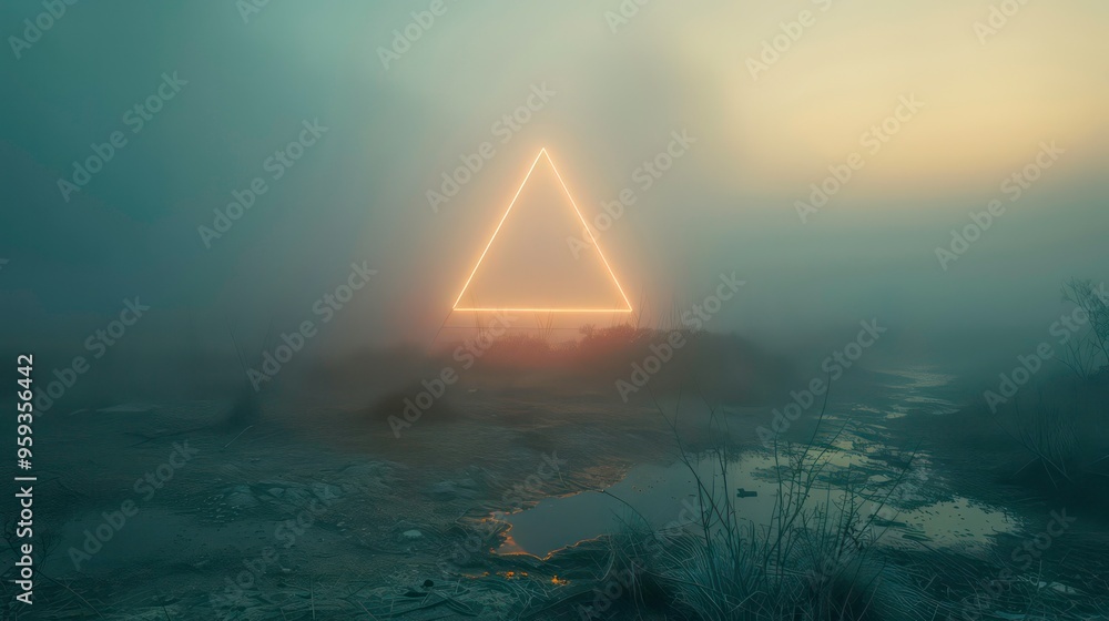 Poster a glowing triangle shape in a foggy landscape with a reflection in a puddle of water.