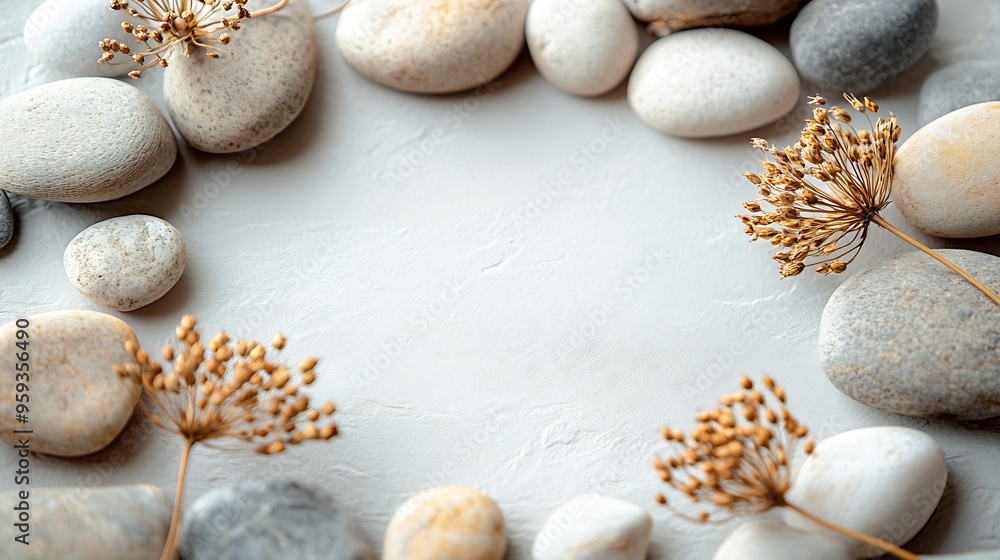 Poster empty photo frame with a dry flower surrounded by stones on a light background : generative ai