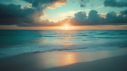 Obraz premium Sunset on the beach Beautiful tranquil scene of empty sand beach turquoise colored water and cloudy sky : Generative AI