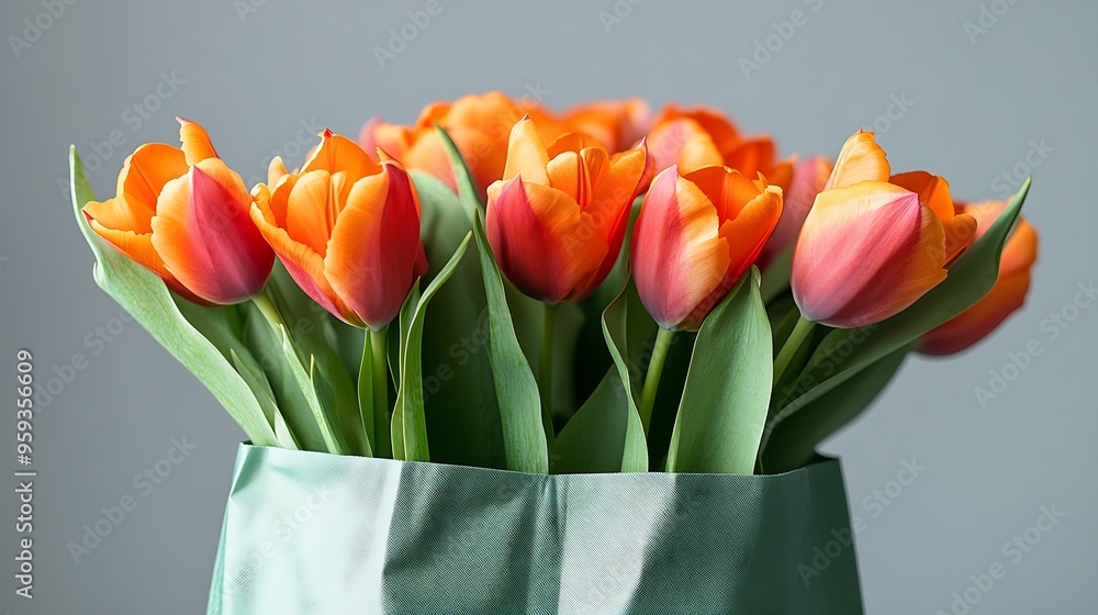 Poster tulip spring flowers in green bag isolated on white background floral composition with beautiful fre