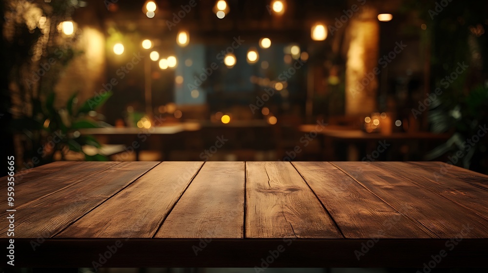 Aufkleber empty wood table for product display in blur background of admirable restaurant at night : generativ
