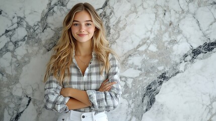 Adorable blonde Scandinavian young woman with long hair in plaid shirt and white pants shows ok sign by both hands stands at marble wall with copy space Repair cozy home Satisfied Ital : Generative AI