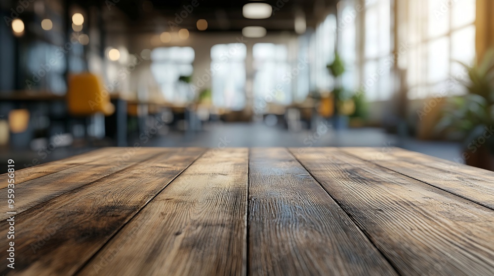 Fototapete Wooden board empty table background On the blurred background of the empty office room : Generative AI
