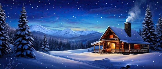 Fototapeta premium A cozy cabin nestled in a snowy mountain landscape, with a warm glow emanating from the windows and smoke rising from the chimney. The stars twinkle in the night sky.
