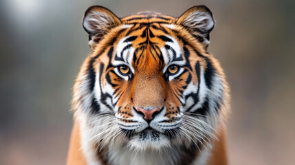 Fototapeta premium Intense close-up portrait of a Bengal tiger staring directly ahead, showcasing its powerful features and striking orange and black stripes.
