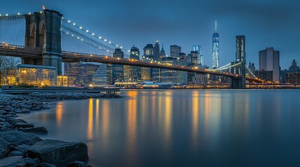 Urban Concept: Brooklyn Bridge and Manhattan Skyline at Twilight with City Lights on Water