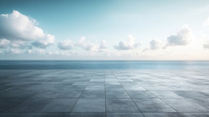 empty concrete floor with tranquil coastline sky for large copy space : Generative AI