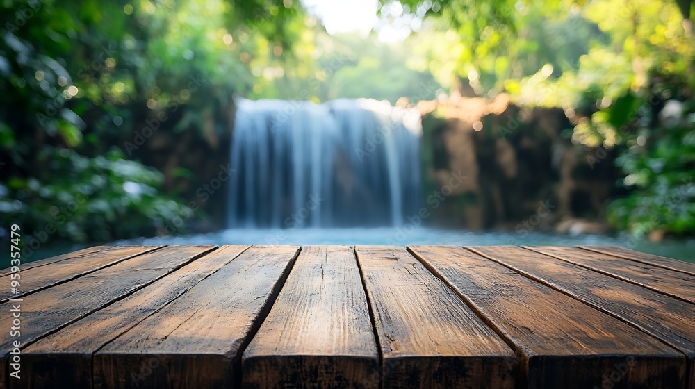 Poster Empty wood table top with blur background of waterfall tropical in summer The table giving copy space for placing advertising product on the table along with beautiful summer waterfall : Generative AI