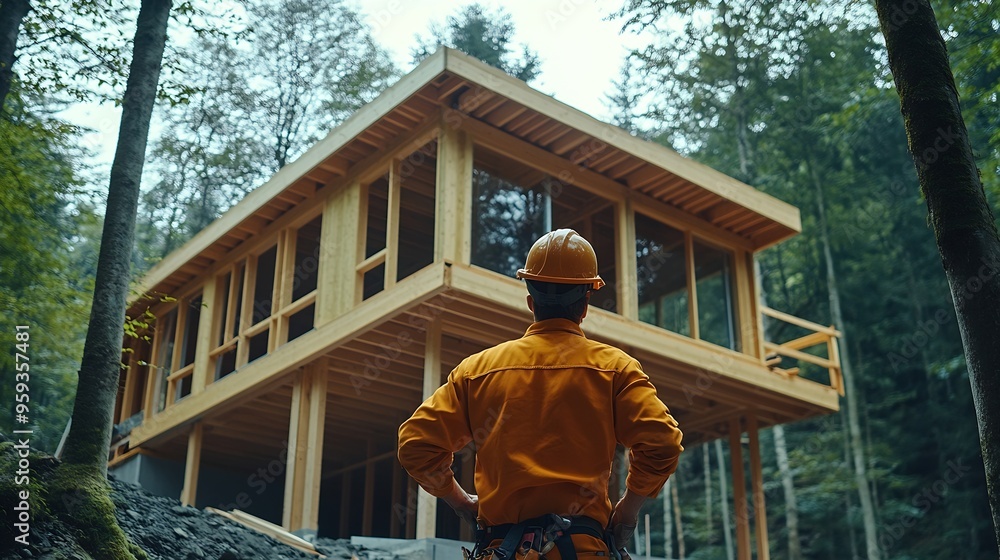 Poster worker building wooden twostory house near the forest man in work clothes and hard hat reviewing the