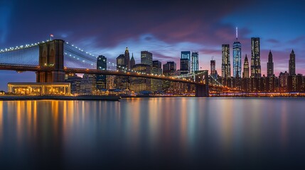 Fototapeta premium Urban Concept: Brooklyn Bridge and Manhattan Skyline at Twilight with City Lights on Water