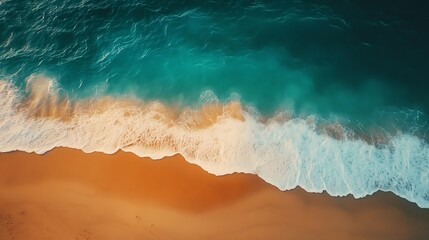shore of an empty beach at dawn turquoise water Aerial overhead view with drone : Generative AI