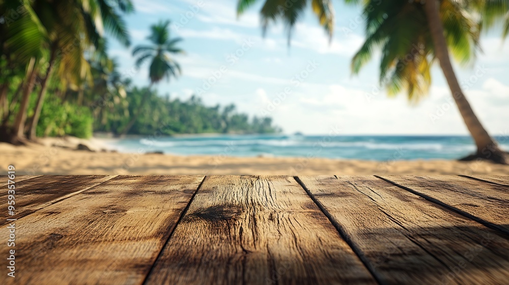 Aufkleber Empty wooden table with blurred beach with coconut trees in the background : Generative AI