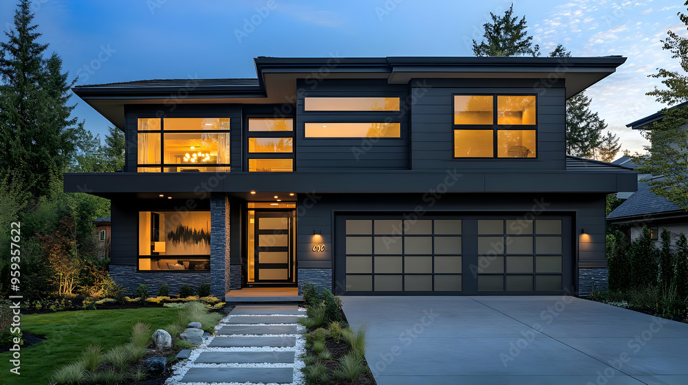 Canvas Prints Modern black house with a stone facade, a garage door, a walkway, and landscaping at dusk.