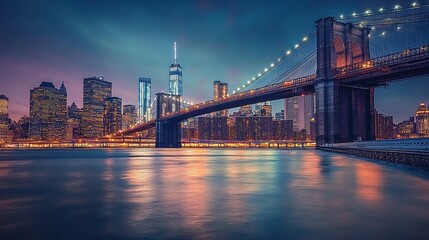 Fototapeta premium City Lights Reflecting on Water: Brooklyn Bridge and Manhattan Skyline During Twilight – Urban Scene