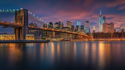 Fototapeta premium City Lights Reflecting on Water: Brooklyn Bridge and Manhattan Skyline During Twilight – Urban Scene