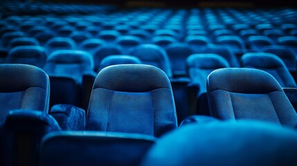 Obraz premium Full frame of blue velvet seats in empty auditorium at conference hall : Generative AI