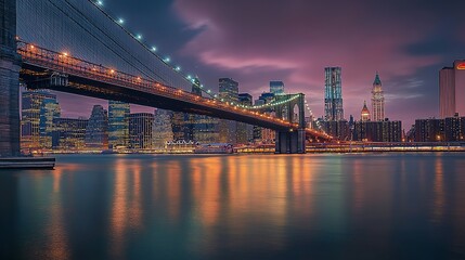 Brooklyn Bridge and Manhattan Skyline at Twilight: Urban Concept Featuring City Lights on Water