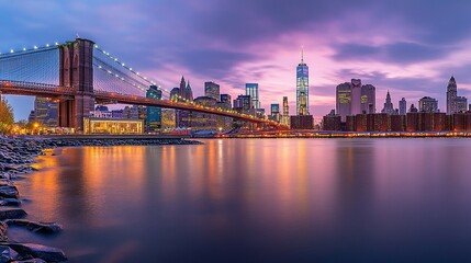 Brooklyn Bridge and Manhattan Skyline at Twilight: Urban Concept Featuring City Lights on Water