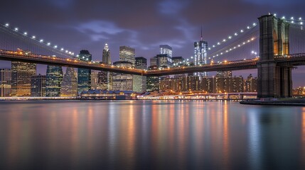 Fototapeta premium Brooklyn Bridge and Manhattan Skyline at Twilight: Urban Concept Featuring City Lights on Water