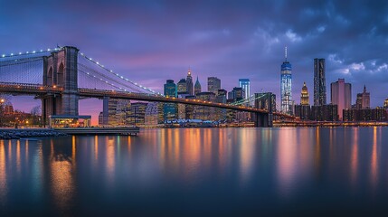 Fototapeta premium Brooklyn Bridge and Manhattan Skyline at Twilight: Urban Concept Featuring City Lights on Water