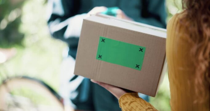 Hands, delivery and woman with box on green screen for shipping, logistics or mockup space. Closeup, courier and customer with package for cargo, stock and pos payment on phone with tracking markers