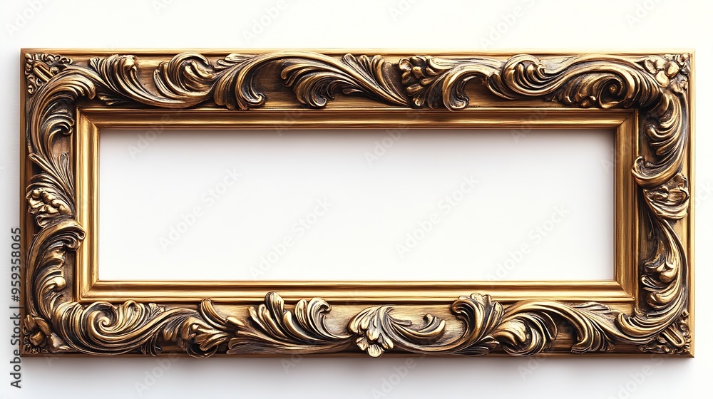 Poster antique gold brown classic old vintage wooden rectangle mockup canvas frame isolated on white backgr