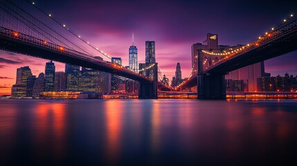 Fototapeta premium Brooklyn Bridge and Manhattan Skyline at Twilight: City Lights Reflecting on Water – Urban Concept