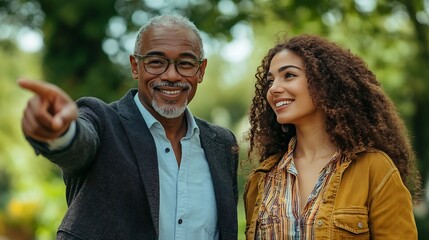 Fototapeta premium real estate agent pointing with hand while showing new cottage to multiethnic couple : Generative AI