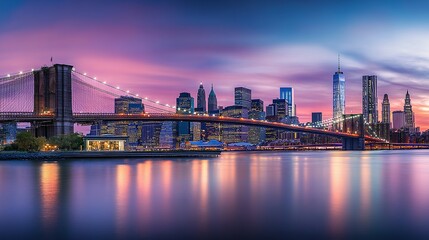 Fototapeta premium Brooklyn Bridge and Manhattan Skyline at Twilight: City Lights Reflecting on Water – Urban Concept
