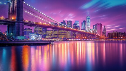 Fototapeta premium Brooklyn Bridge and Manhattan Skyline at Twilight: City Lights Reflecting on Water – Urban Concept