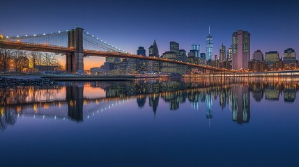 Twilight Scene: Brooklyn Bridge and Manhattan Skyline with City Lights Reflecting on Water &ndash; Urban Setting