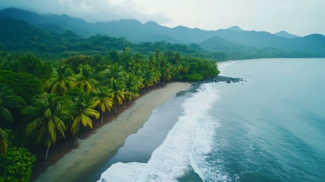 Nuqui choco jungle forest rock ocean beach colombian pacific coast pristine natural lanscape aerial nature palm trees and mountains : Generative AI