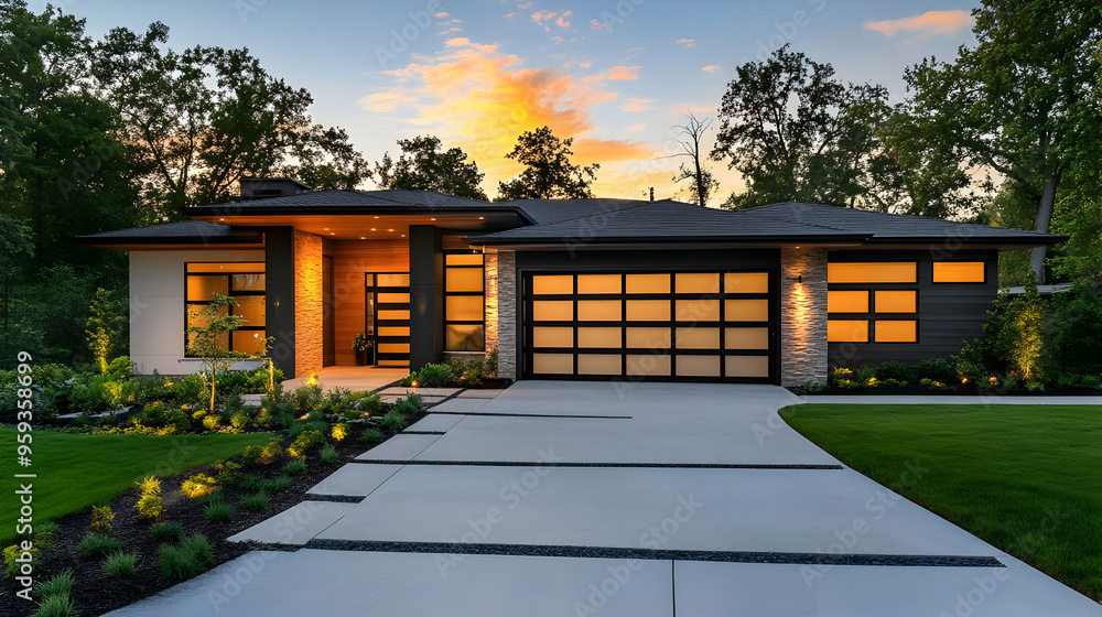 Wall mural Modern house with a paved driveway and landscaped yard at sunset.