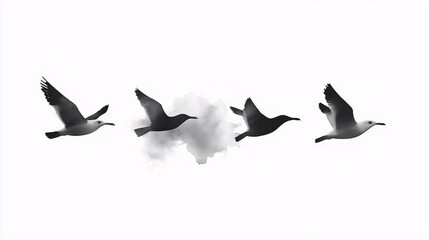 Obraz premium Flock of Birds in Flight: Five birds in flight, silhouetted against a cloudy sky, evoke feelings of freedom, migration, and the beauty of nature. 