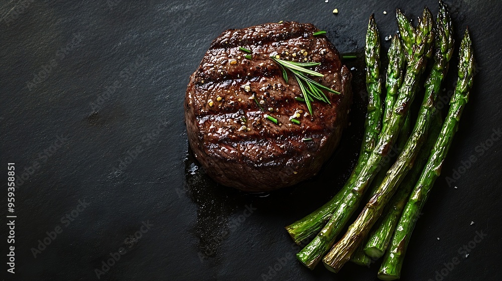 Poster Grilled Fillet Mignon Steak with roasted asparagus Black background Top view Copy space : Generative AI