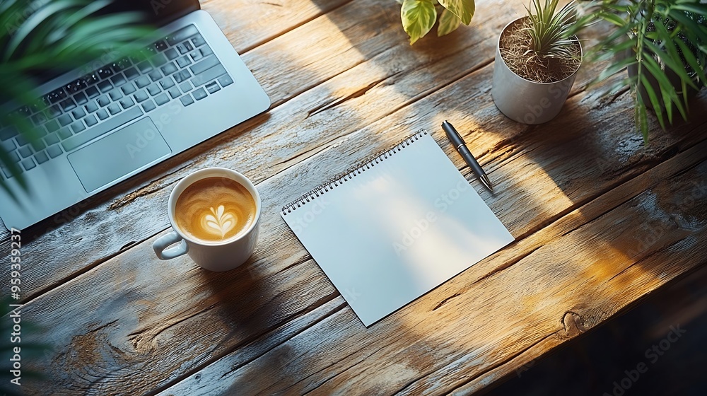 Poster work from home desk office with laptop blank notepad coffee cup and pen on wood table flat lay top v