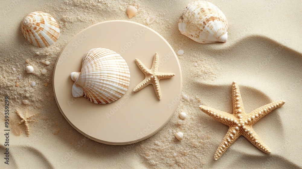 Aufkleber Empty beige round platform podium for cosmetics or products presentation sea shell and starfish on natural beige beach sand background Top view : Generative AI