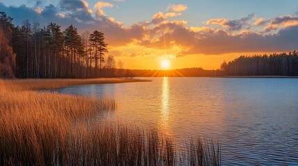 Fototapeta premium Colorful golden sunset over the lake and forest in the background Leningrad region Russia : Generative AI