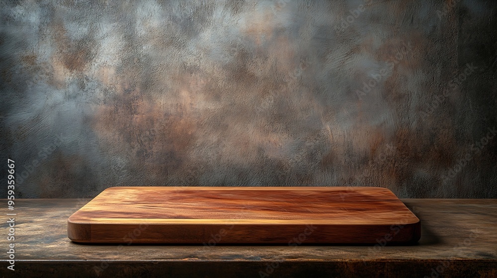 Poster Empty of wood cutting board on table top on cement wall backgroundFor montage product display or design key visual layout : Generative AI