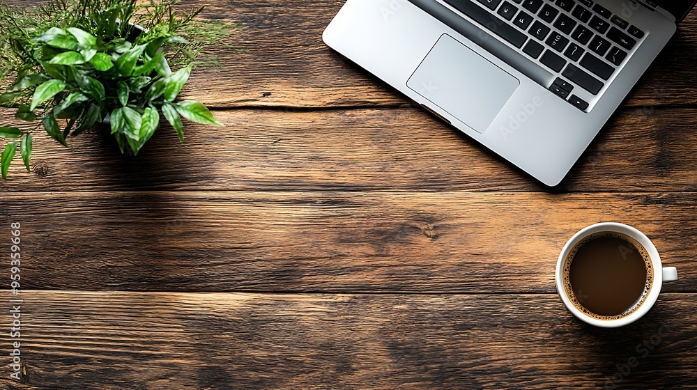Poster banner top view office desk laptop coffee cup wood table copy space banner tabletop notebook laptop 