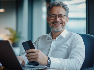 Businessman using cellphone at work
