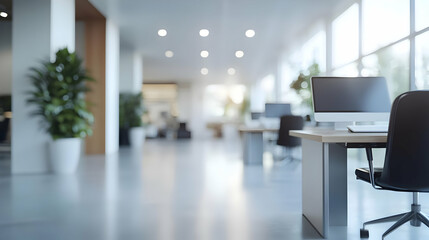 Modern office interior with a desk, a computer, and a chair.