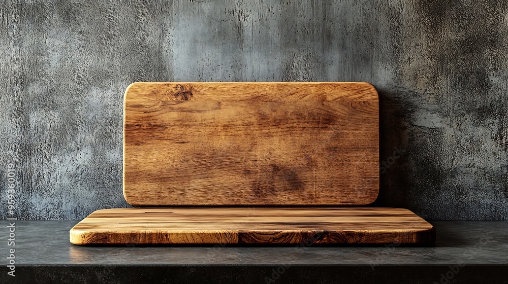 Aufkleber Empty of wood cutting board on table top on cement wall backgroundFor montage product display or design key visual layout : Generative AI