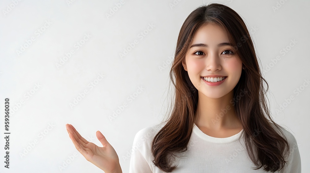 Poster happy asian woman presenting or showing open hand palm with copy space for product on white backgrou