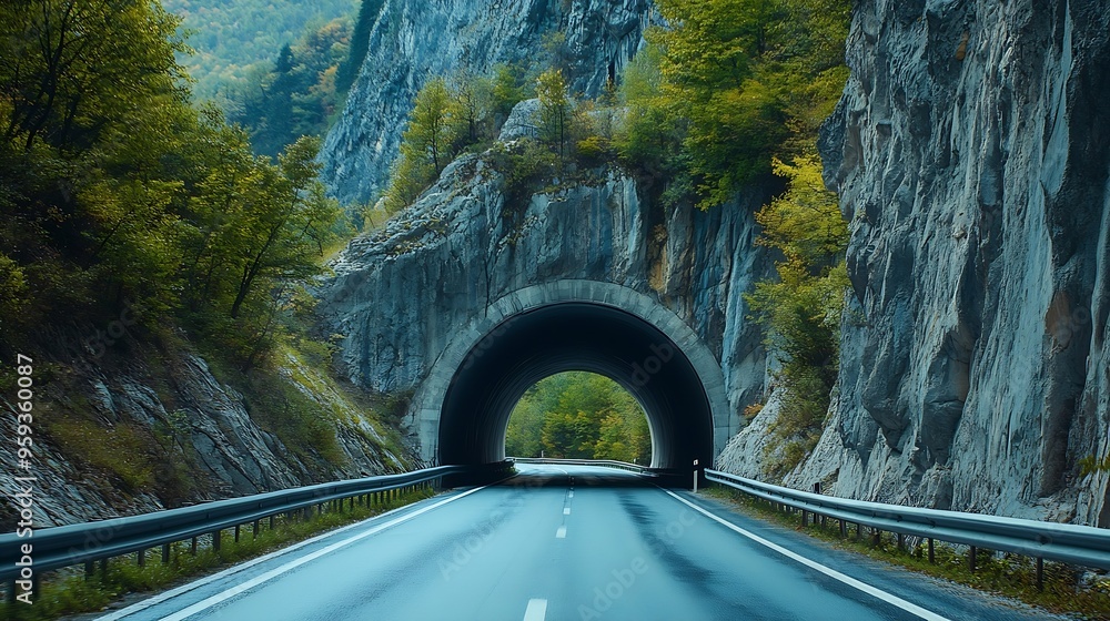 Poster Highway with cliffs and tunnels : Generative AI