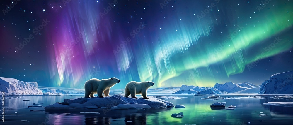 Wall mural two polar bears stand on an ice floe with the aurora borealis in the sky, surrounded by icy mountain